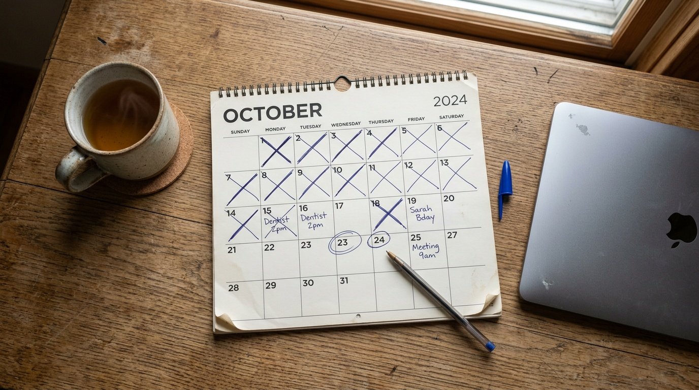 burnout recovery timeline shown through a calendar with weeks marked off on a desk