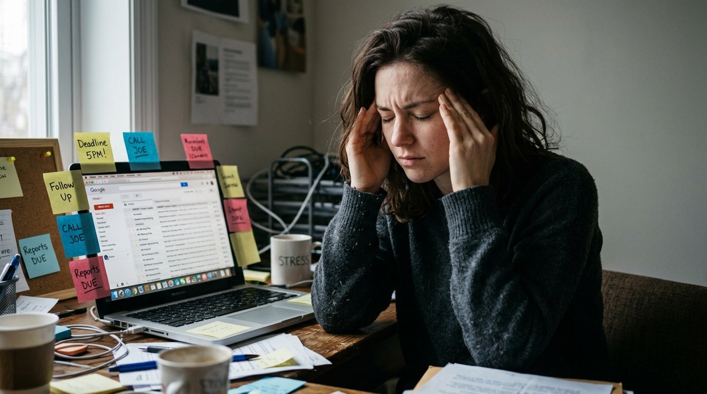 burnout warning signs shown through a stressed young professional rubbing their temples at a cluttered desk
