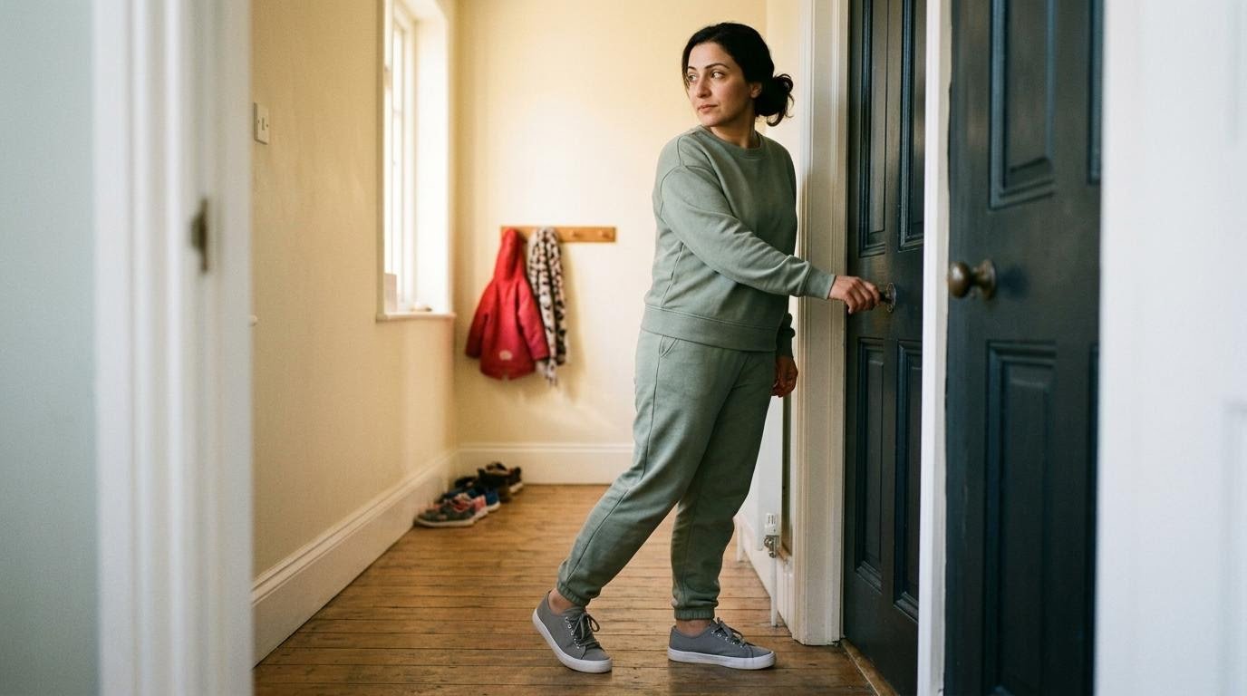 Woman pausing at her front door with sneakers on, weighing guilt and time barriers to busy mom fitness