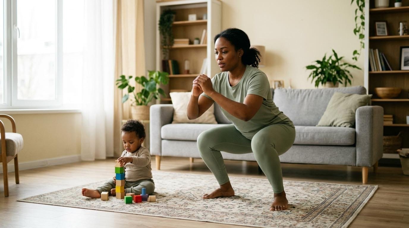 Mom doing bodyweight squats in a living room while her toddler plays nearby, a busy mom fitness routine
