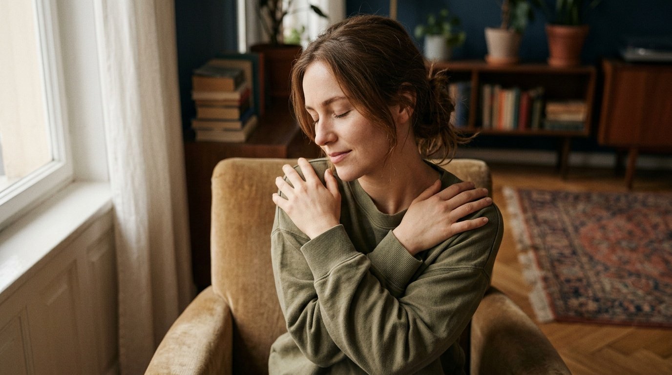 young woman practicing the butterfly hug bilateral touch technique with arms crossed over her chest