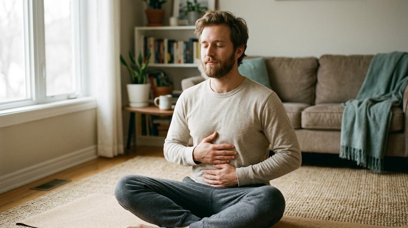 Man doing belly breathing on a yoga mat to calm an anxious stomach