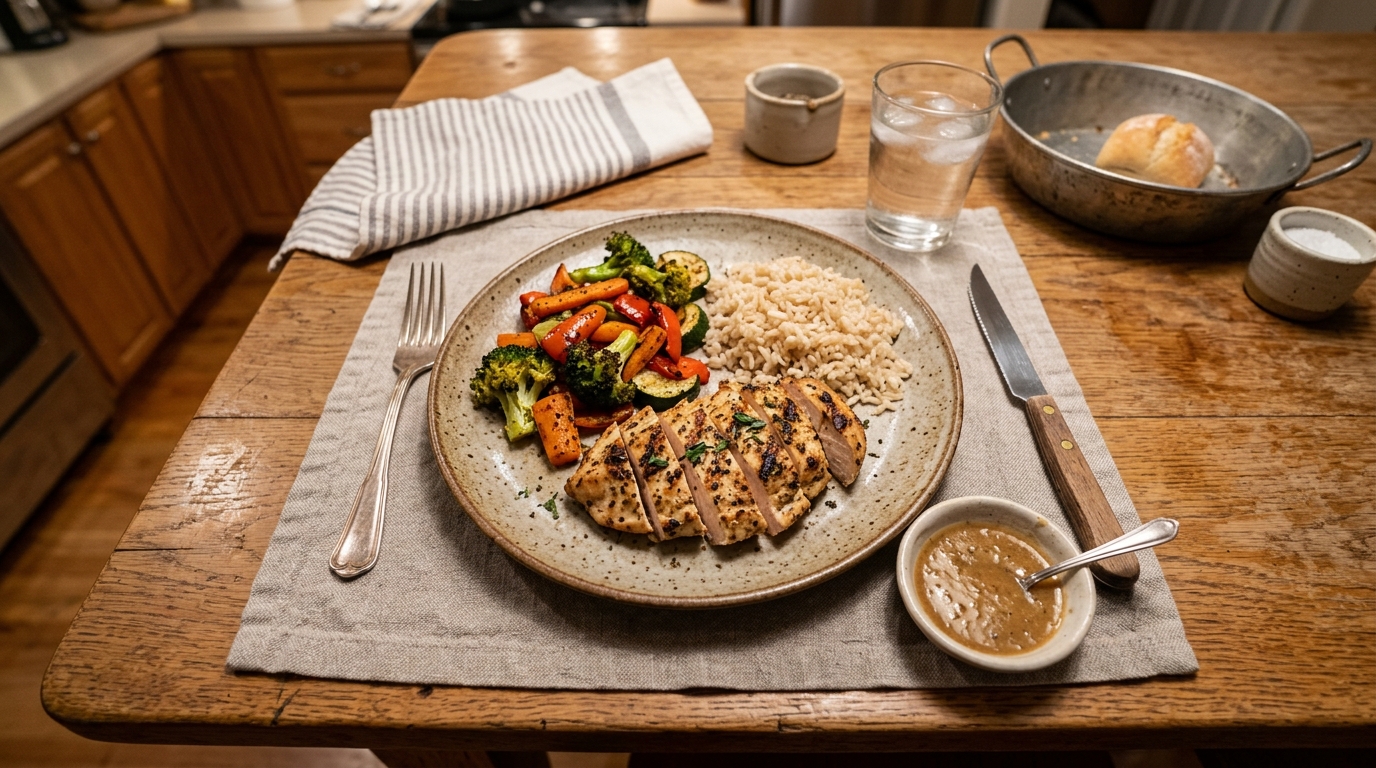 Balanced home-cooked plate representing a manageable calorie deficit for weight loss tips