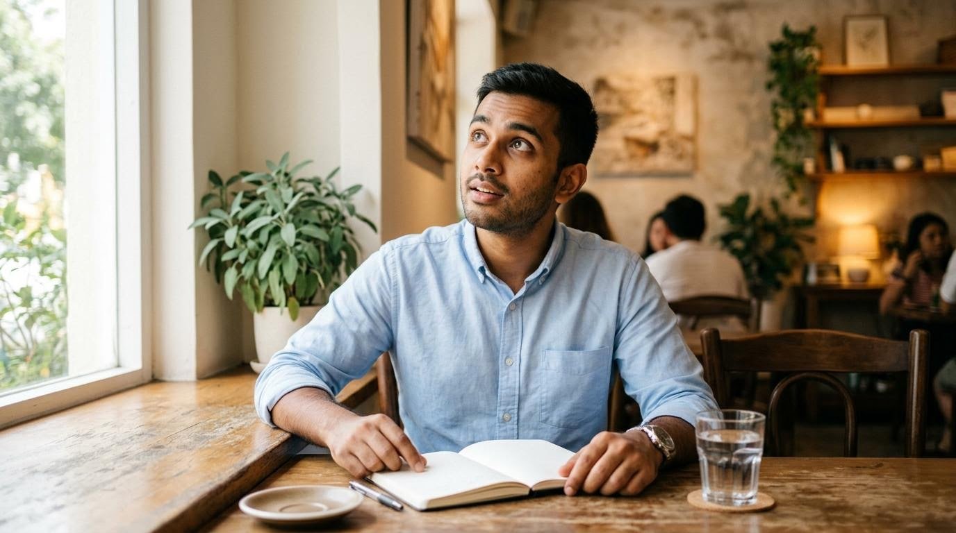 A man in a cafe looking up from a notebook as he asks calorie deficit questions