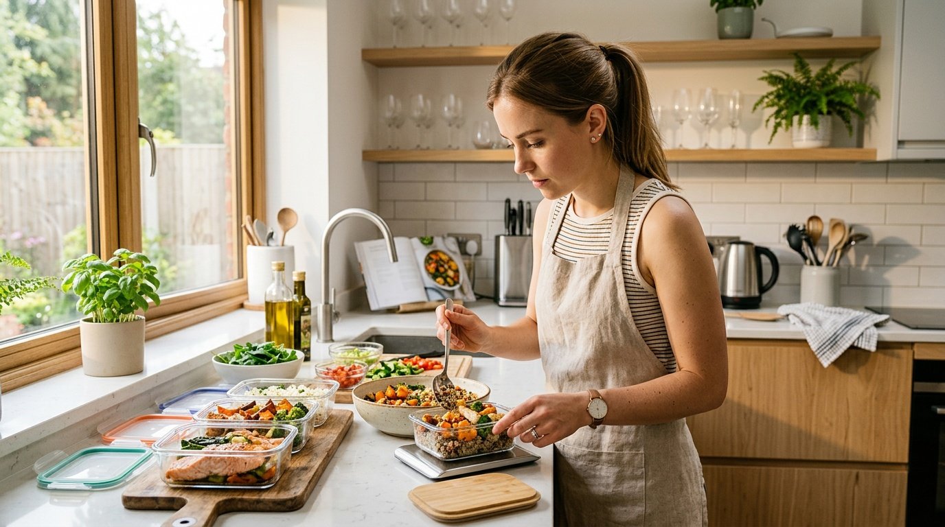 meal prep portioning scene illustrating a calorie deficit approach grounded in calorie science