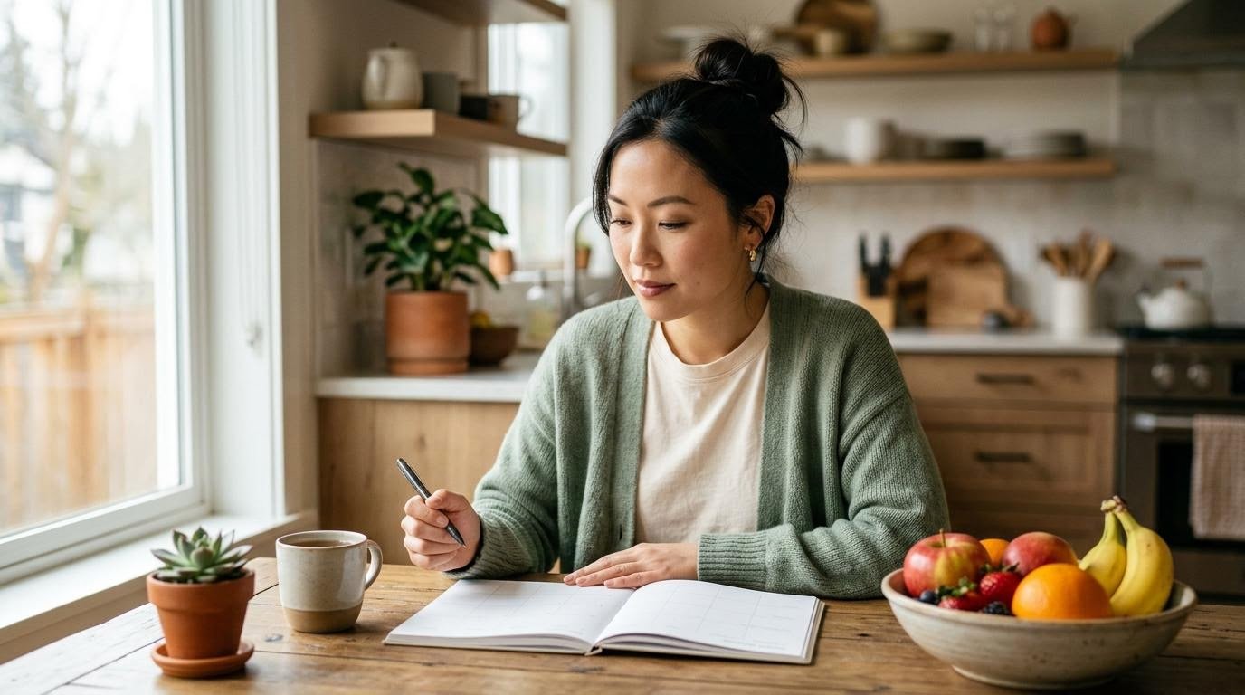 A woman filling in a weekly planner beside a bowl of fruit to plan her calorie deficit