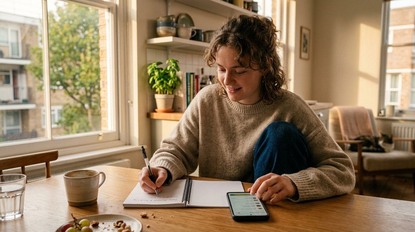 young adult tracking daily intake to apply the calorie science definition to their own routine