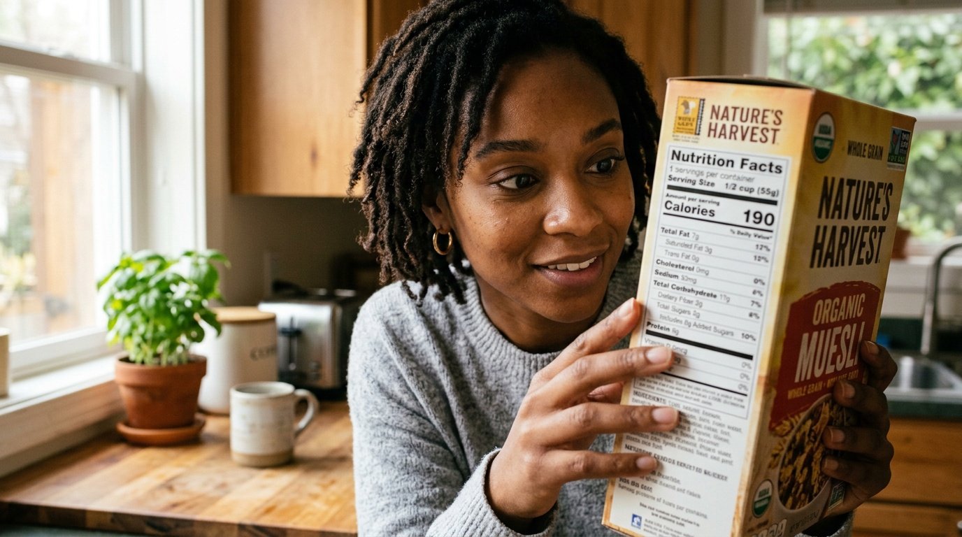 young woman reading a nutrition label to understand the calorie science definition on the package