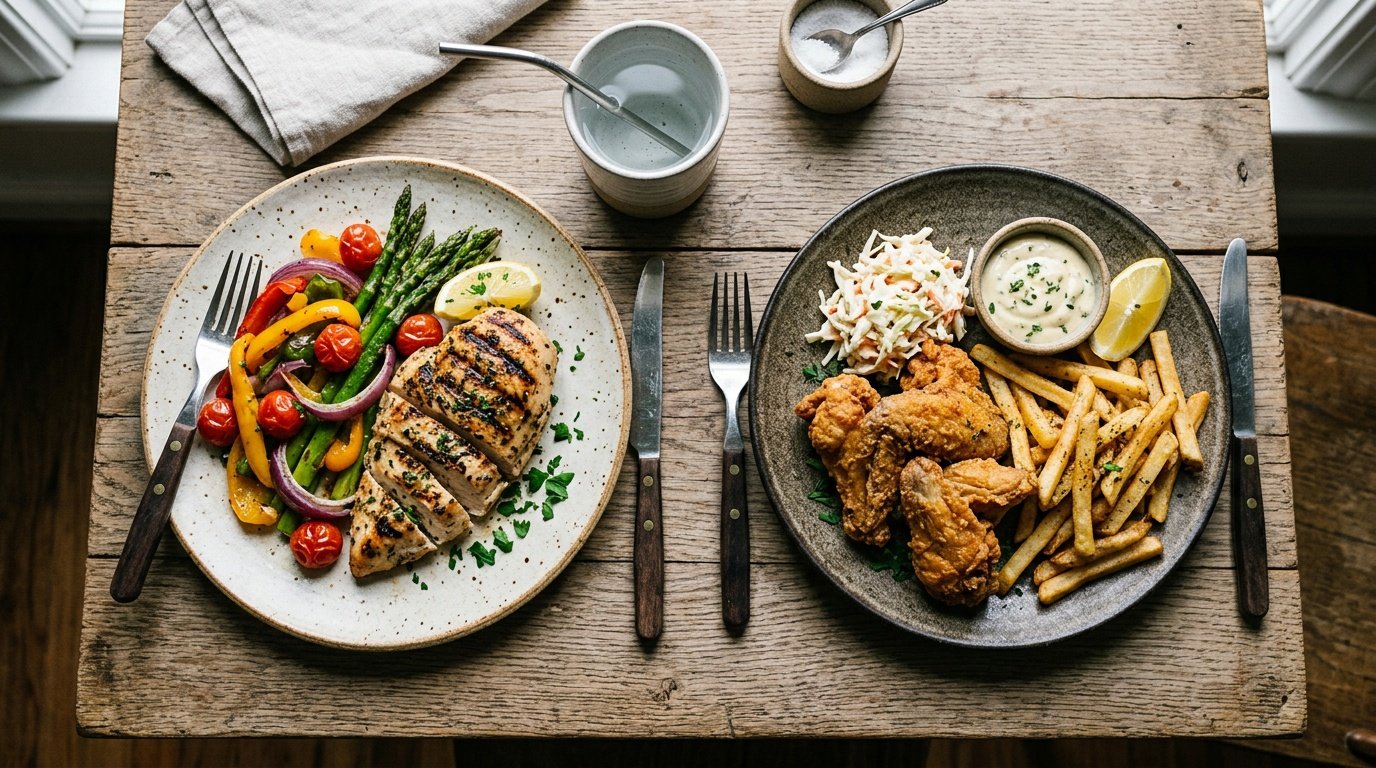 side-by-side plate comparison illustrating how macronutrients affect calorie science differently