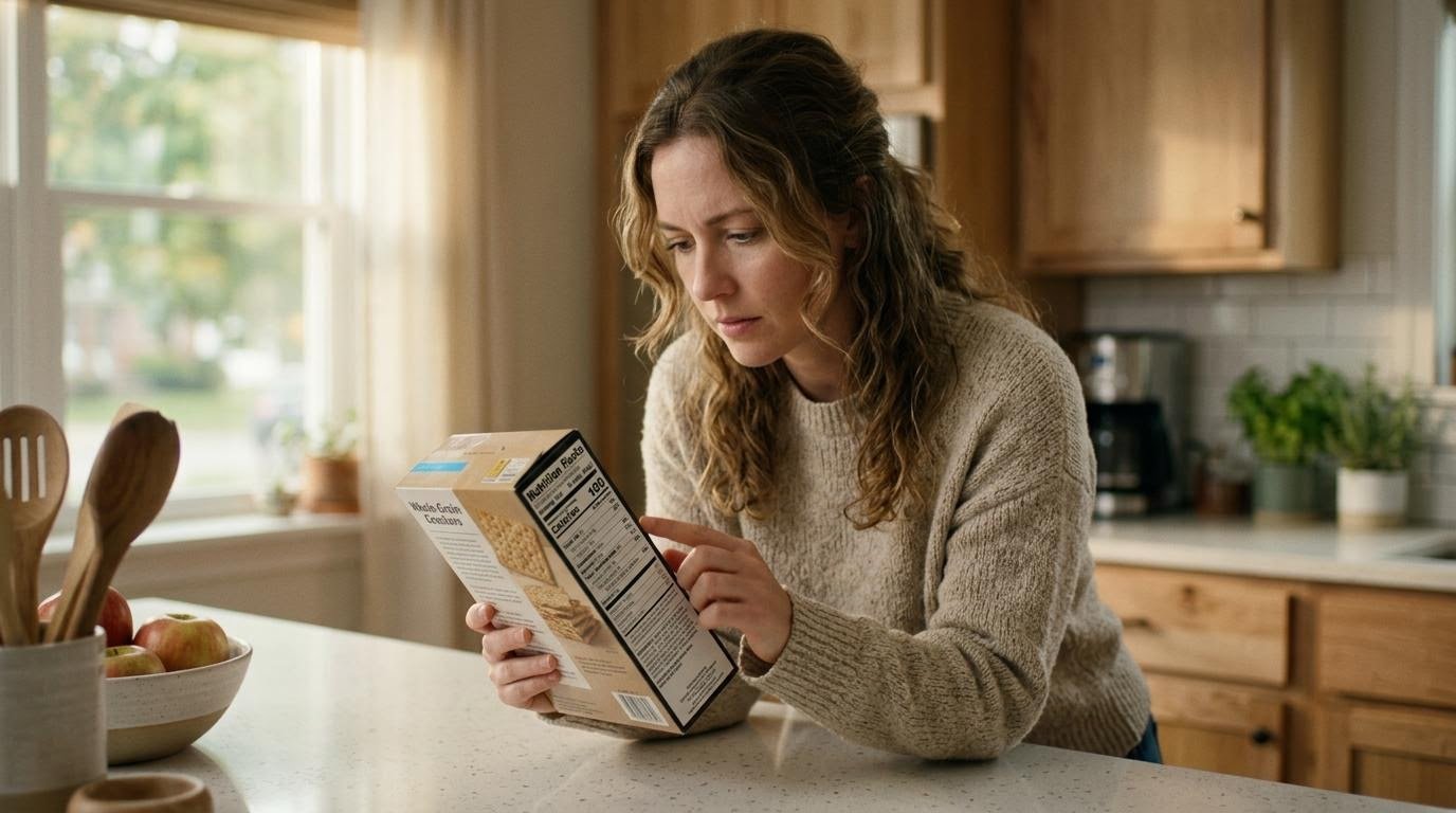 how many calories to eat to lose weight illustrated by a woman reading a nutrition label at her kitchen counter