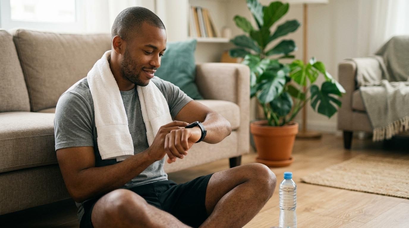 Man checking calories burned on a smartwatch after a cardio workout at home