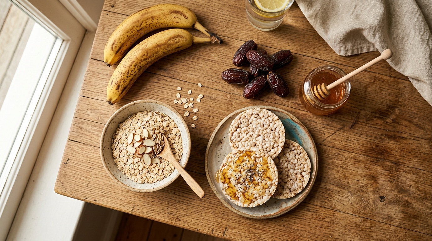 pre workout carb foods including bananas, oats, and rice cakes