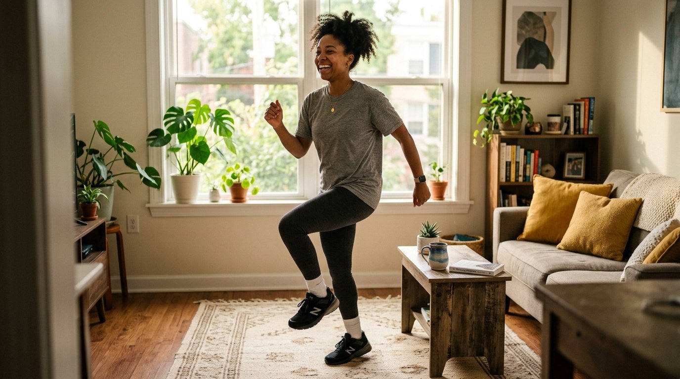 Woman doing cardio for beginners at home in a sunlit living room