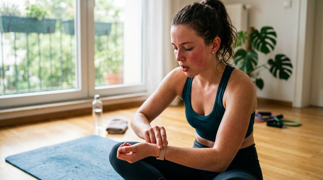 young woman checking her pulse after a cardio without equipment session