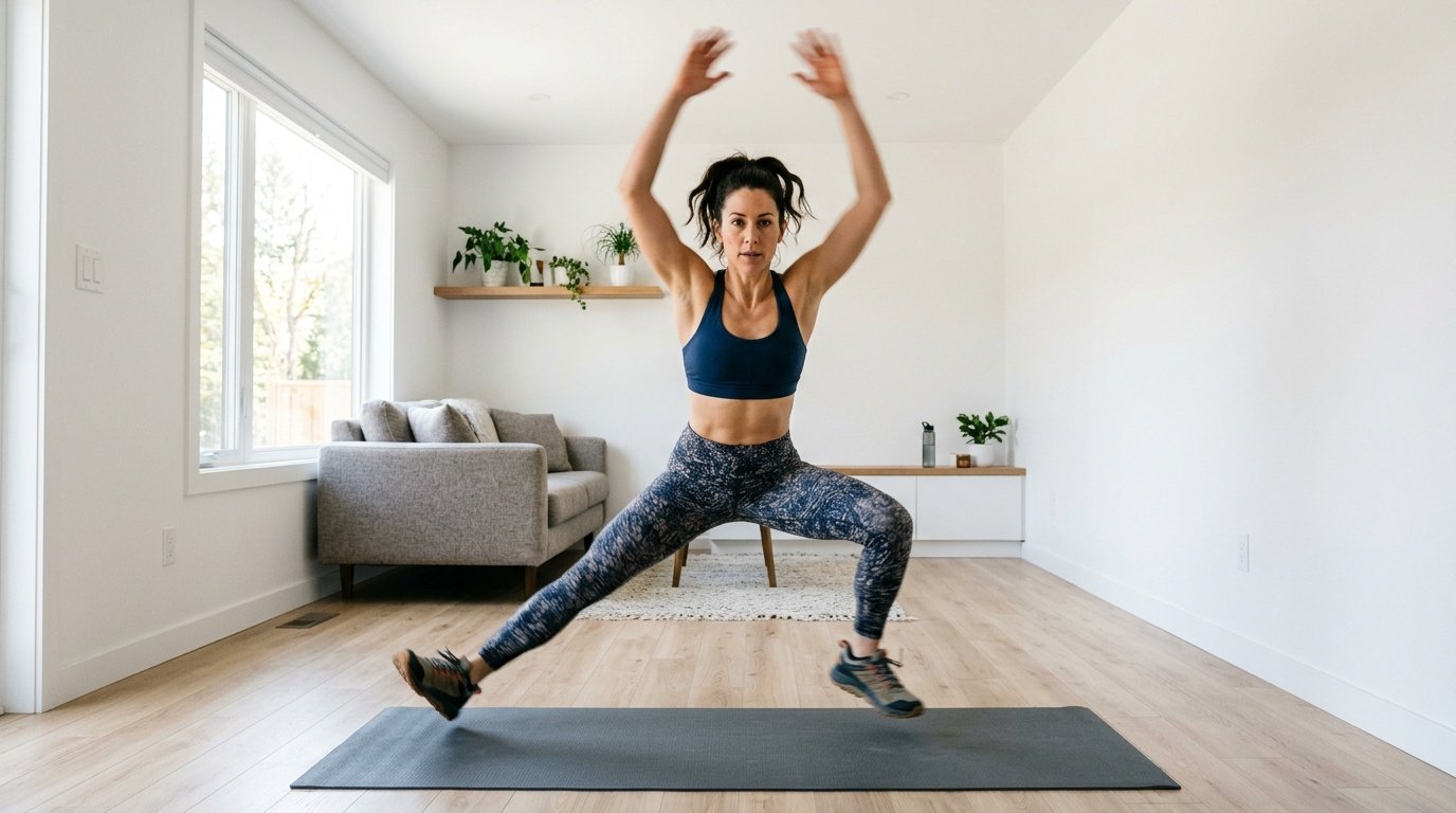 six-move cardio without equipment circuit demonstrated step by step on a living room floor