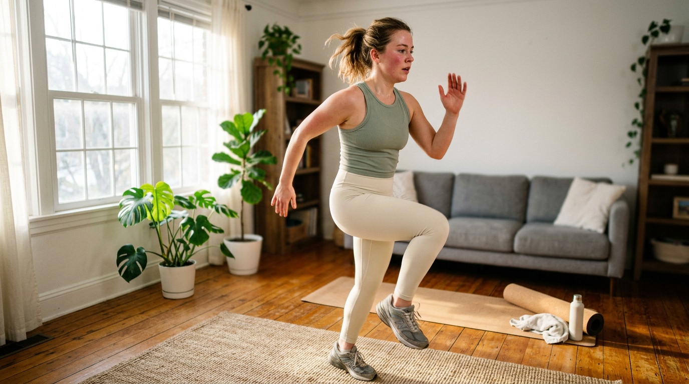 Young woman doing a cardio workout at home for beginners in her living room with morning light