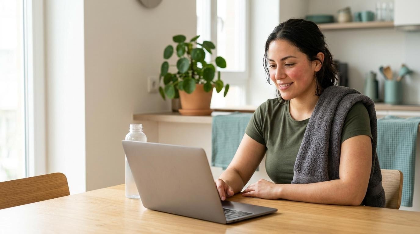 Woman with a water bottle and laptop reading answers to cardio workouts at home questions after a workout