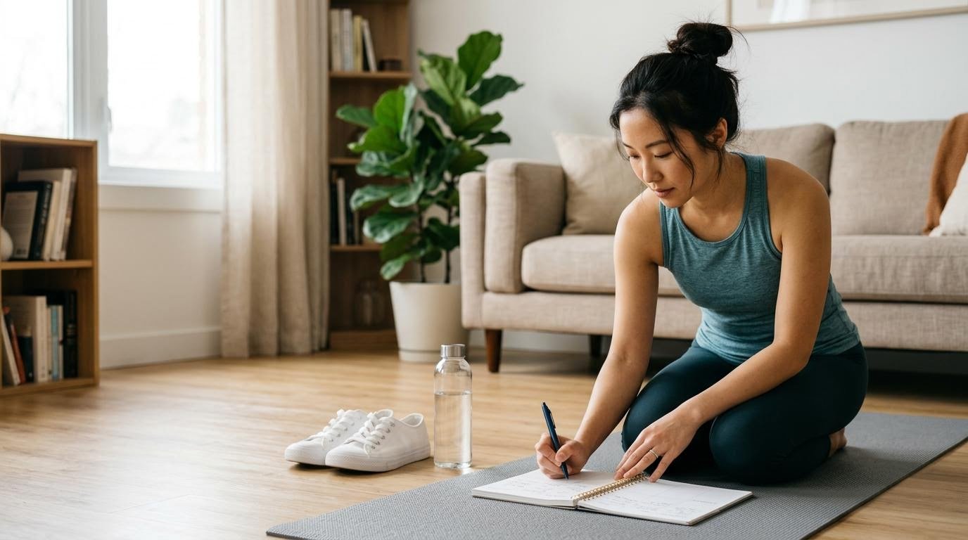 Woman planning a weekly schedule of cardio workouts at home to lose weight beside a yoga mat