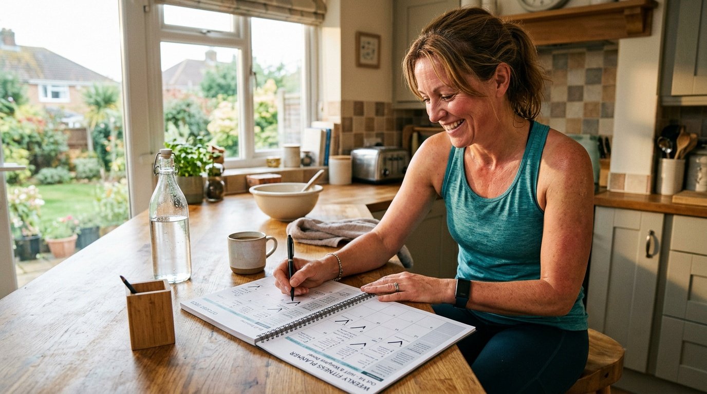 Woman tracking her progress with cardio workouts at home on a calendar