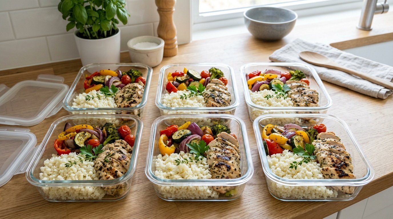 cauliflower rice weight loss meal prep containers with grilled chicken and roasted vegetables