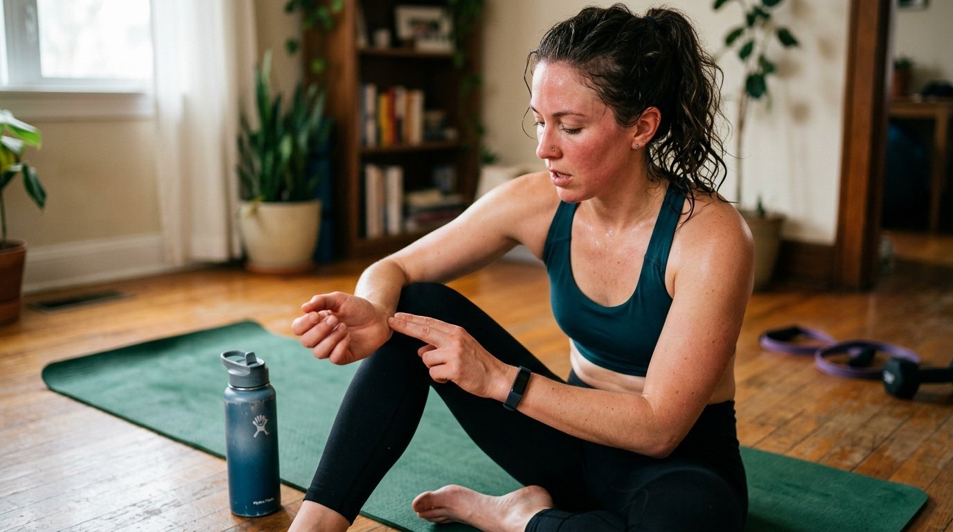 Person checking their pulse on their wrist after finishing a cardio workout at home for beginners