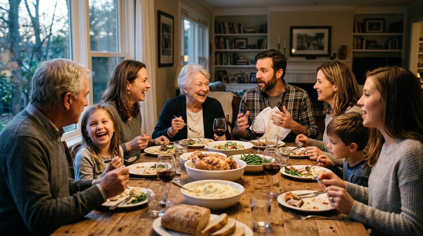 family eating a home-cooked meal together at the dinner table