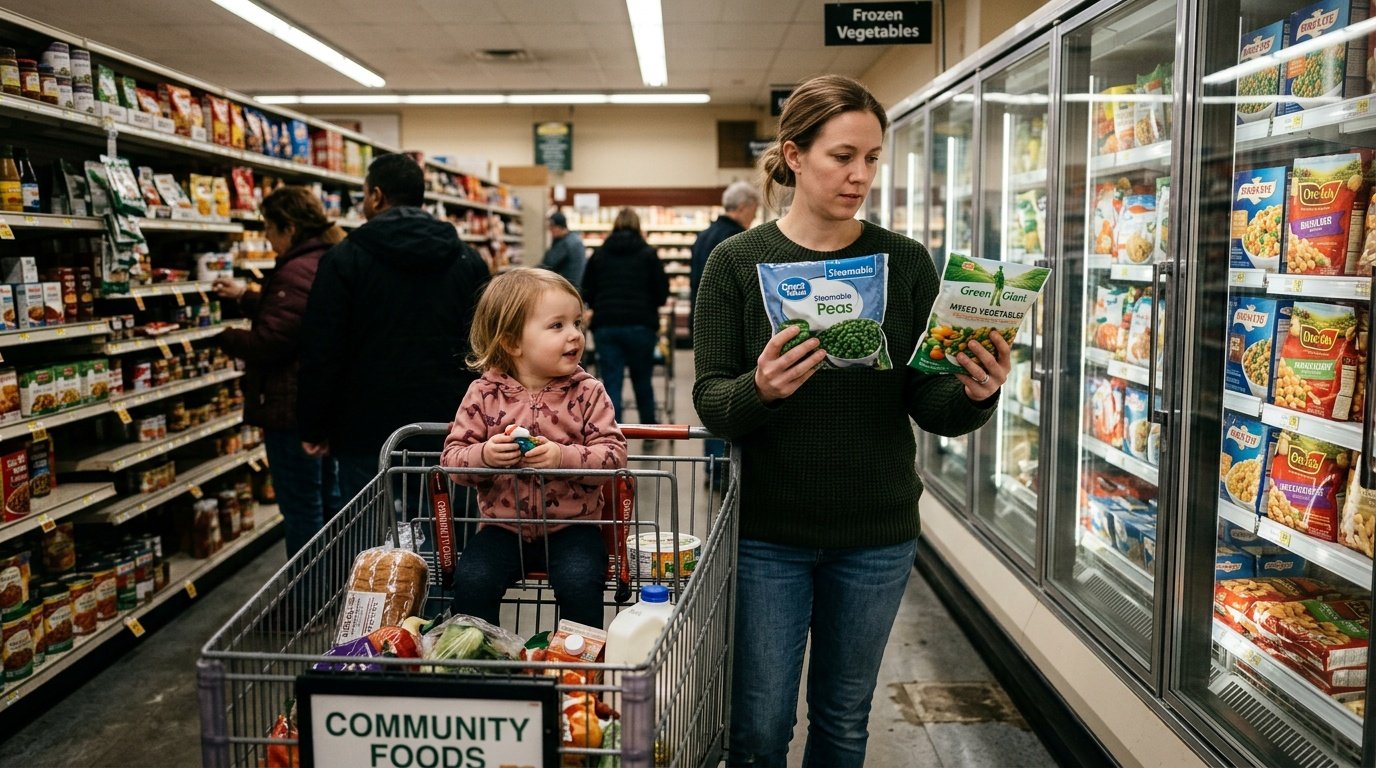 parent walking through a neighborhood grocery store aisle with a young child