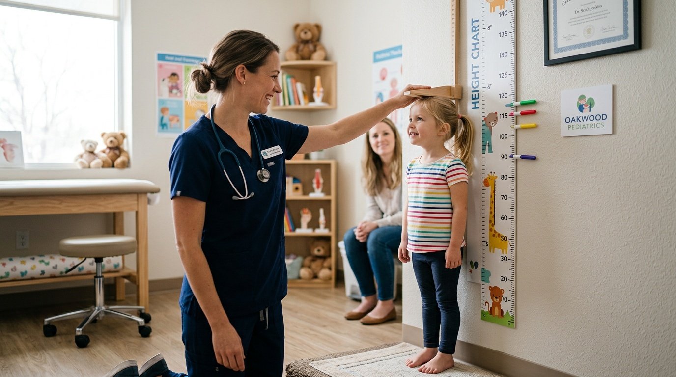 pediatrician measuring a child's height during a routine checkup