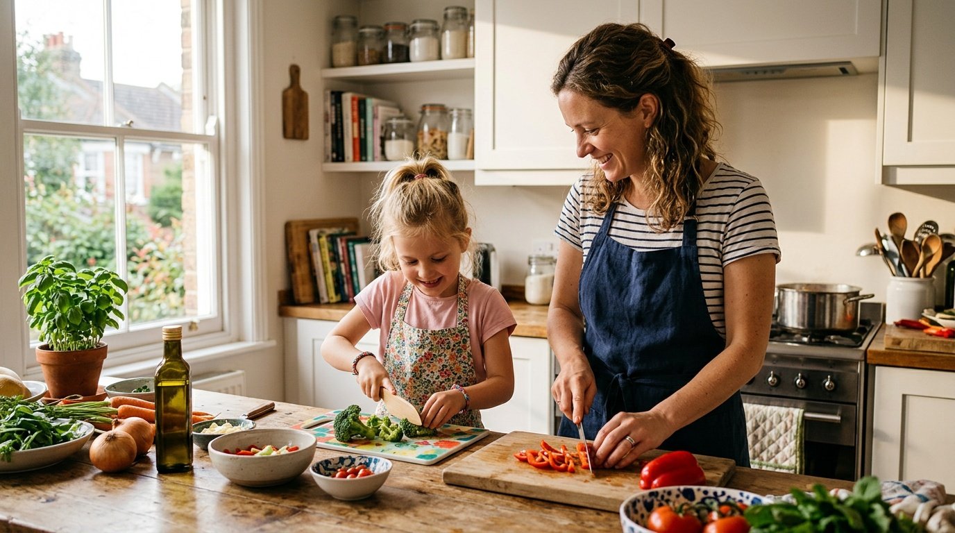 childhood obesity rate in america shown through a family preparing a home-cooked dinner together in a bright kitchen