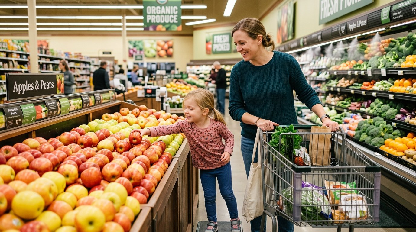 parent and child selecting groceries together, reflecting how the childhood obesity rate in America connects to home food environment