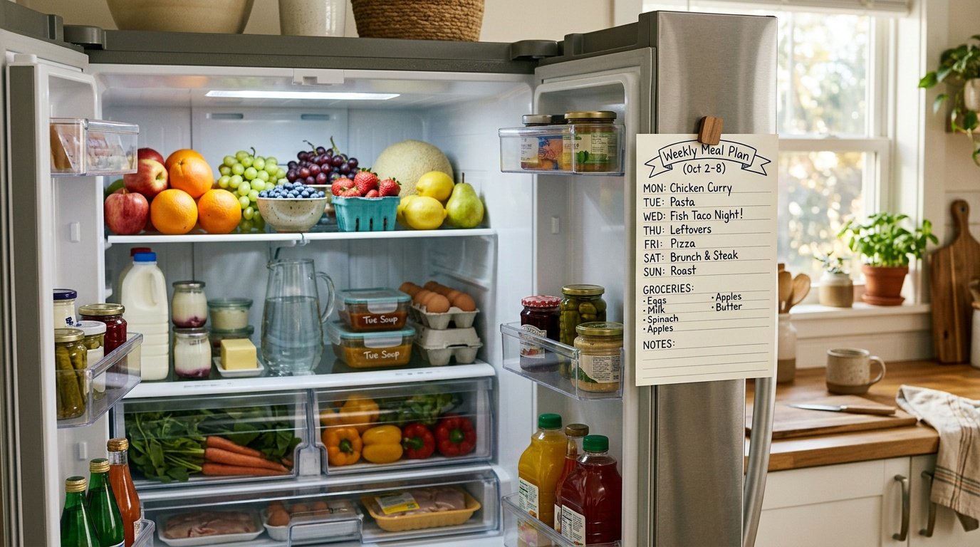 fridge stocked with fruit at eye level, part of a realistic household plan to lower the childhood obesity rate in America