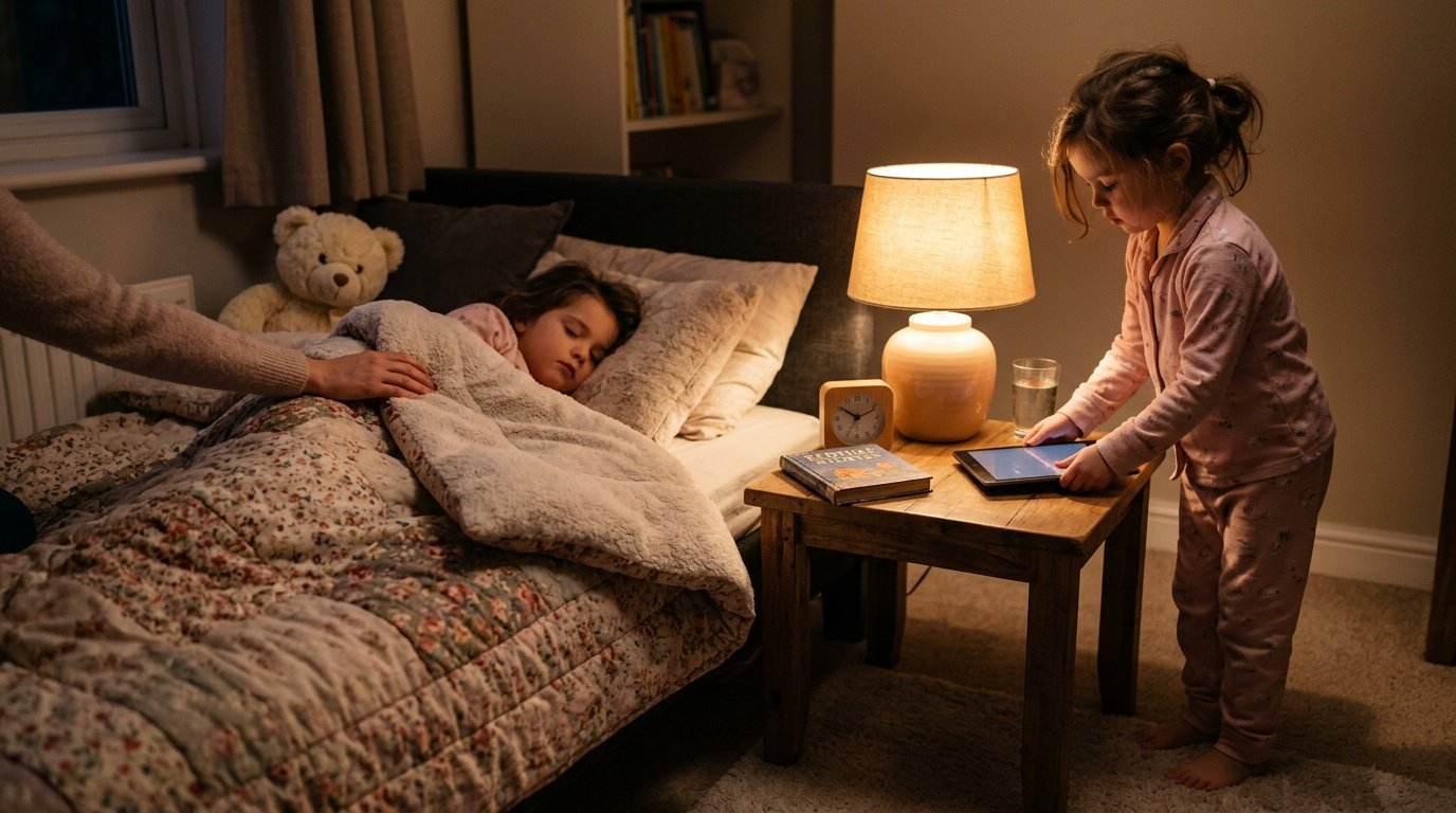 child putting away a tablet before bedtime, showing the screen time and sleep habits linked to childhood obesity