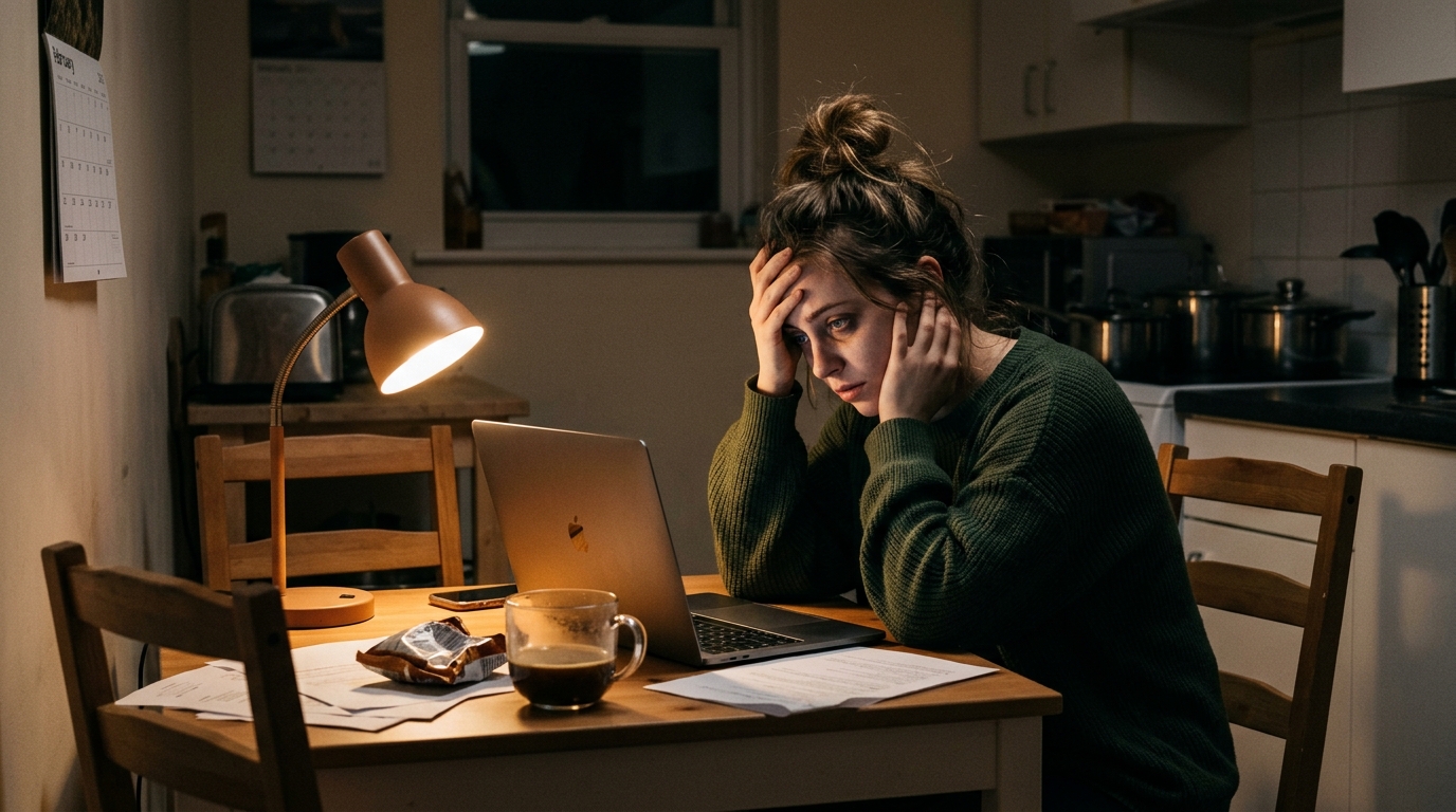 Young woman showing signs of chronic stress and exhaustion working late at night
