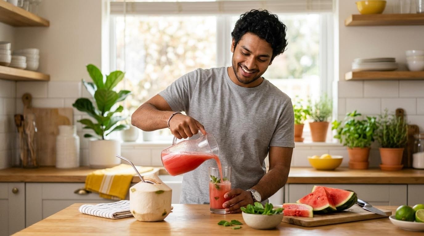 Man pouring watermelon juice beside coconut and sliced watermelon for natural electrolyte drink variations