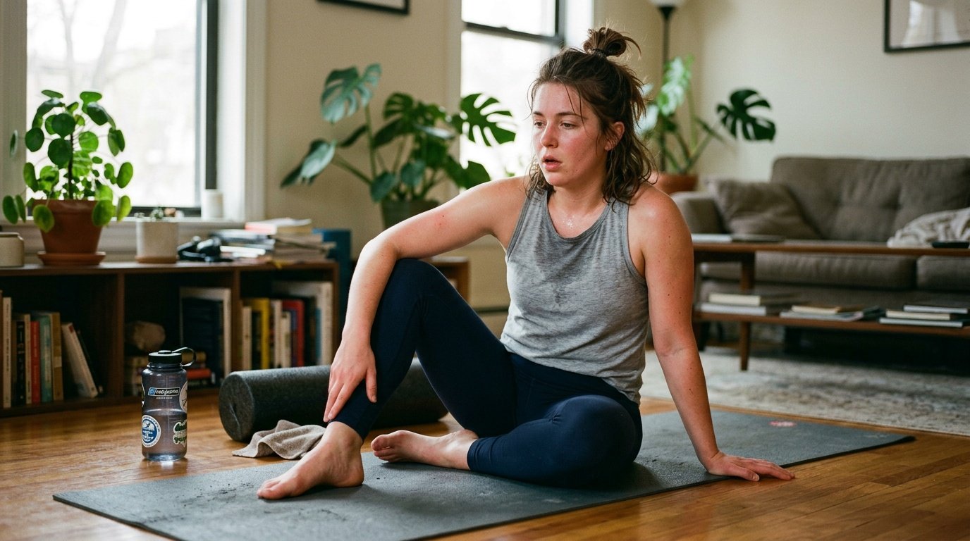 Person pausing mid-workout showing fatigue, illustrating common ab workout form breakdown