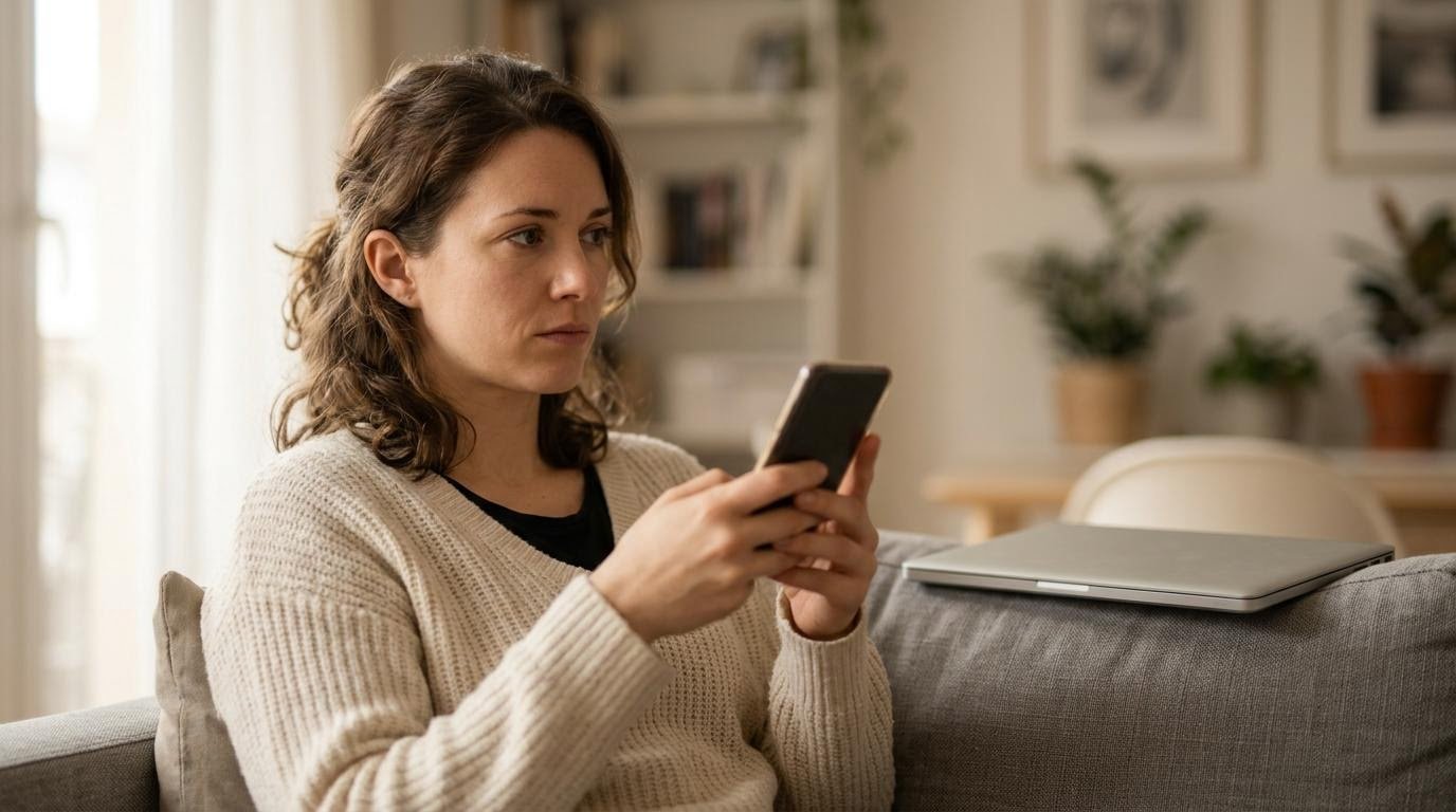 White American woman in her mid-20s looking at her phone, weighing how results and likes affect self worth