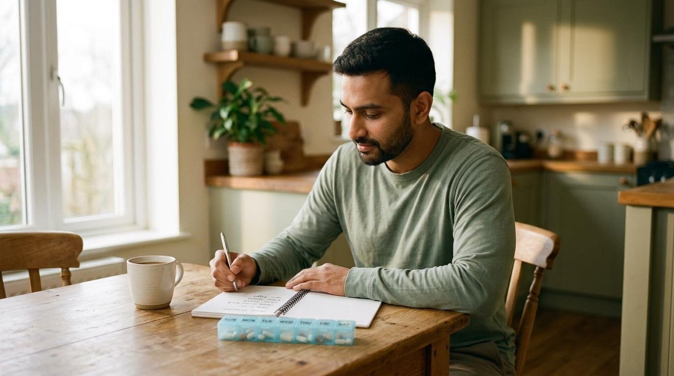 Man reviewing a daily plan as one of his coping strategies for bipolar disorder beside a weekly pill organizer