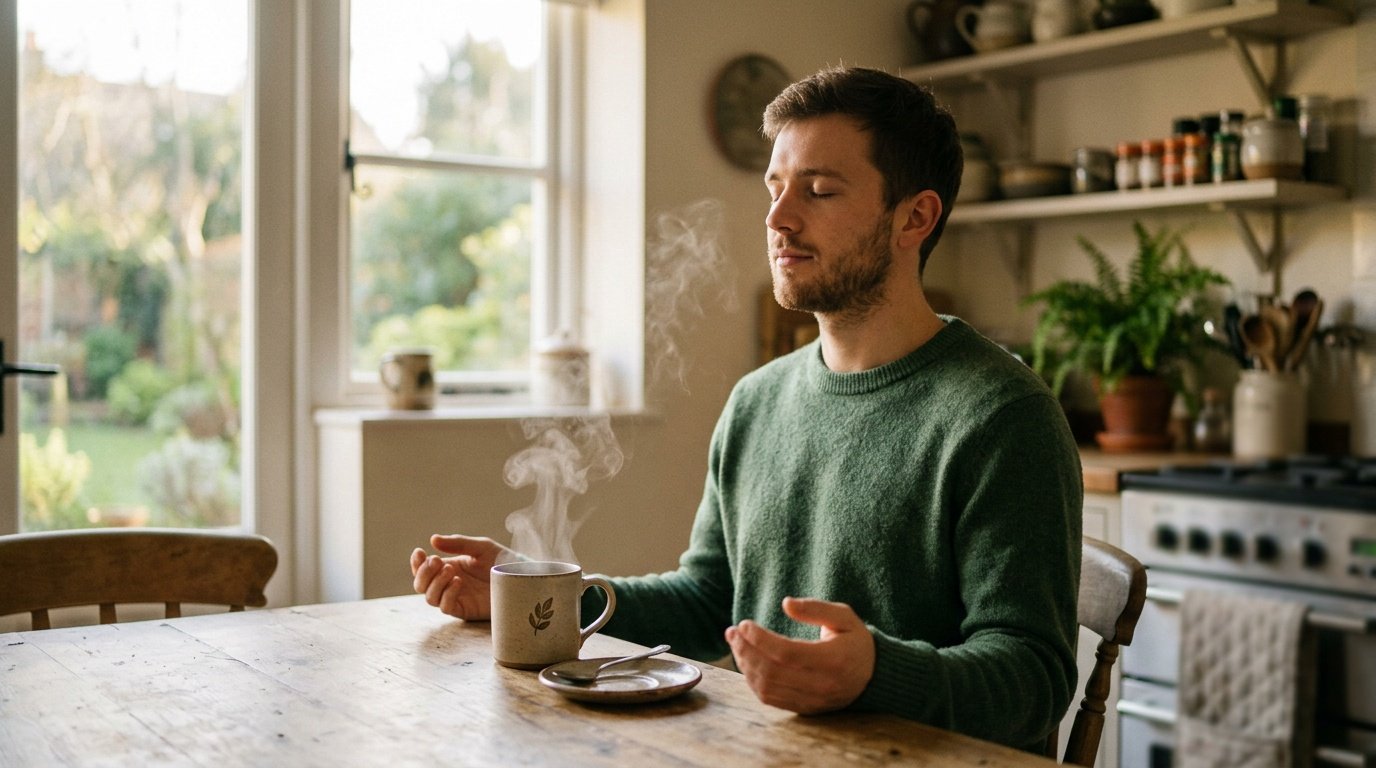 Person practicing breathing exercises for panic attacks as a calm daily habit at home