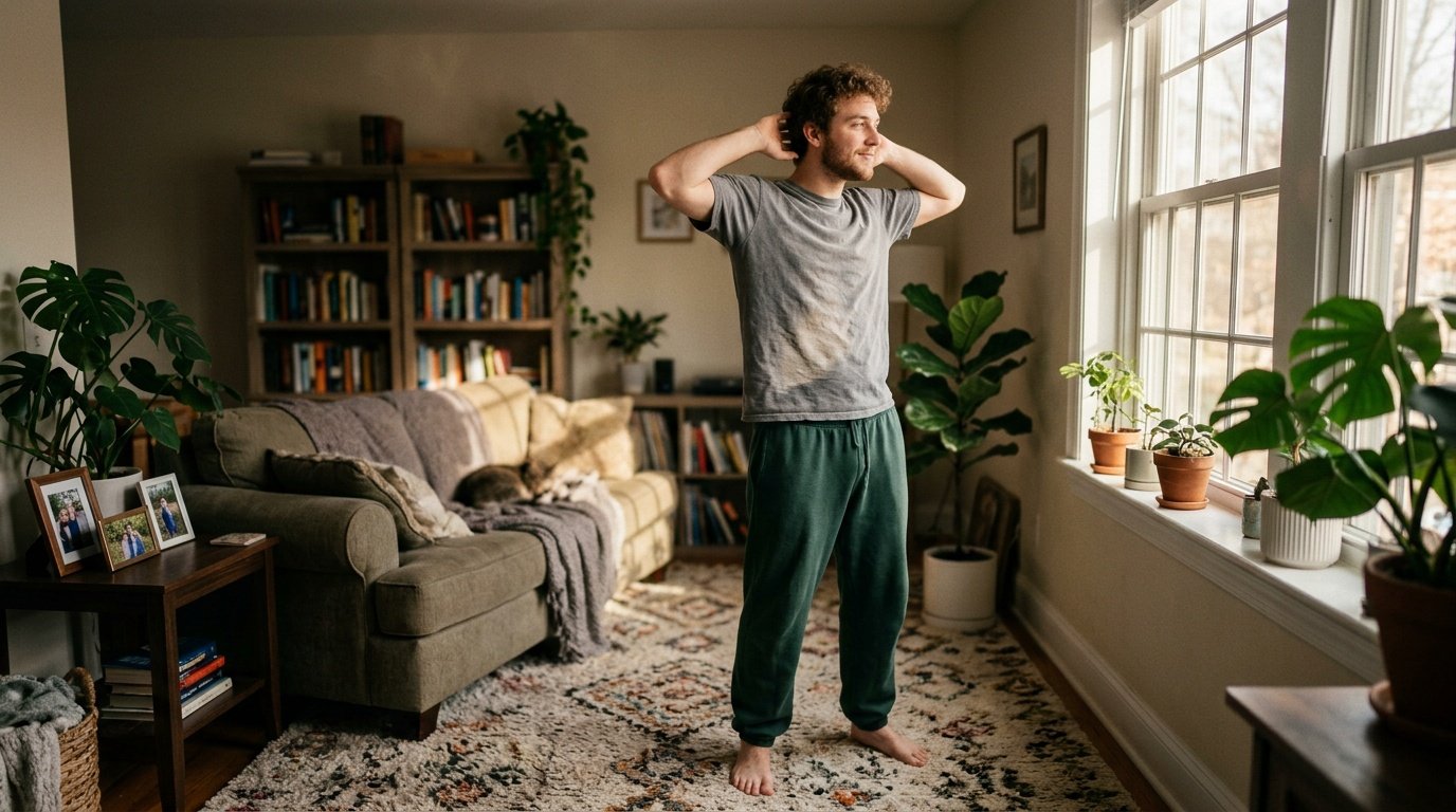 young adult stretching at home representing the activity portion of daily calorie science