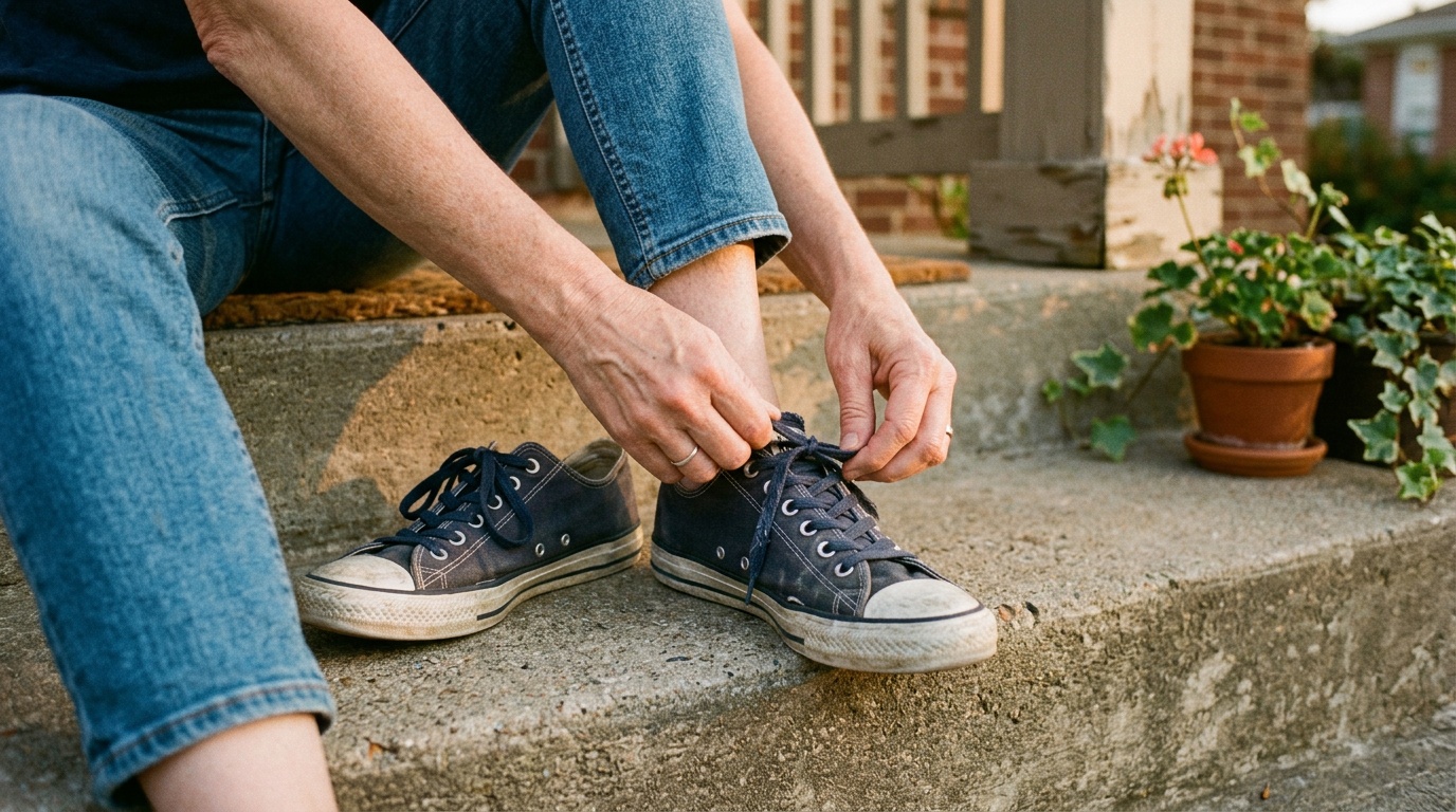 Person lacing up running shoes as part of a consistent daily exercise routine