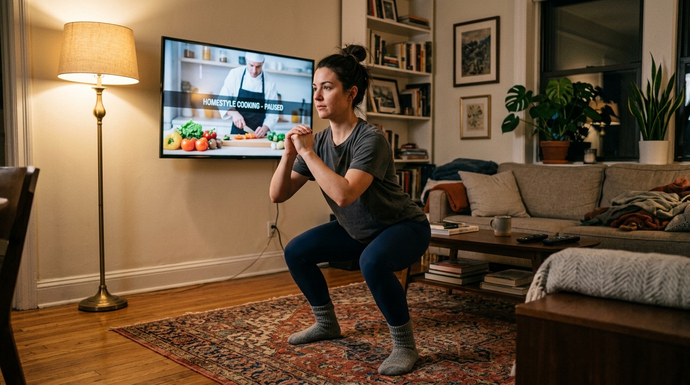 Person doing bodyweight squats at home as part of a daily movement habit
