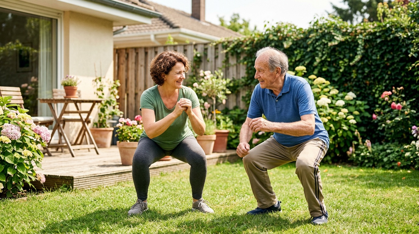Older and younger adult doing bodyweight strength exercises together outdoors