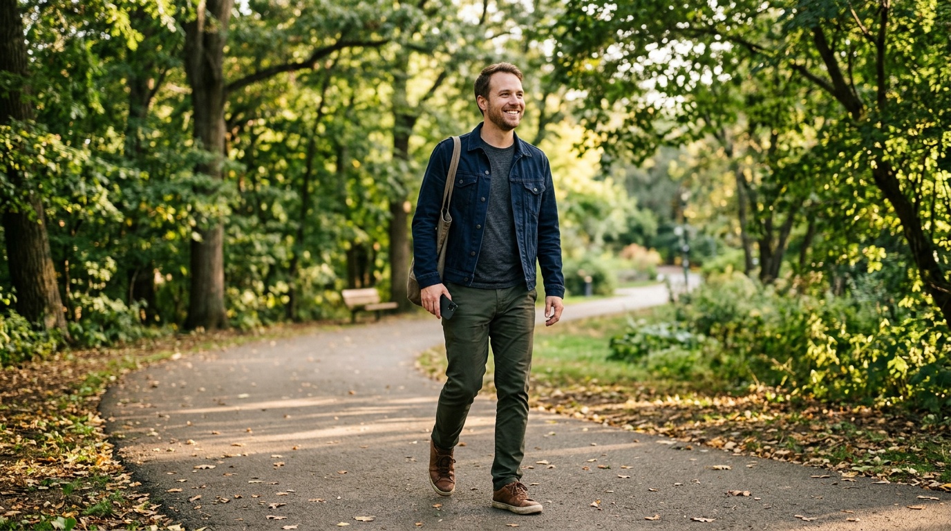 Person smiling while walking outdoors, showing the mood-boosting effect of daily exercise