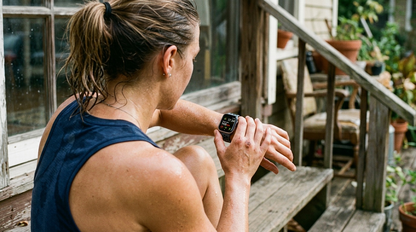 Adult checking resting heart rate on a fitness watch after a daily workout