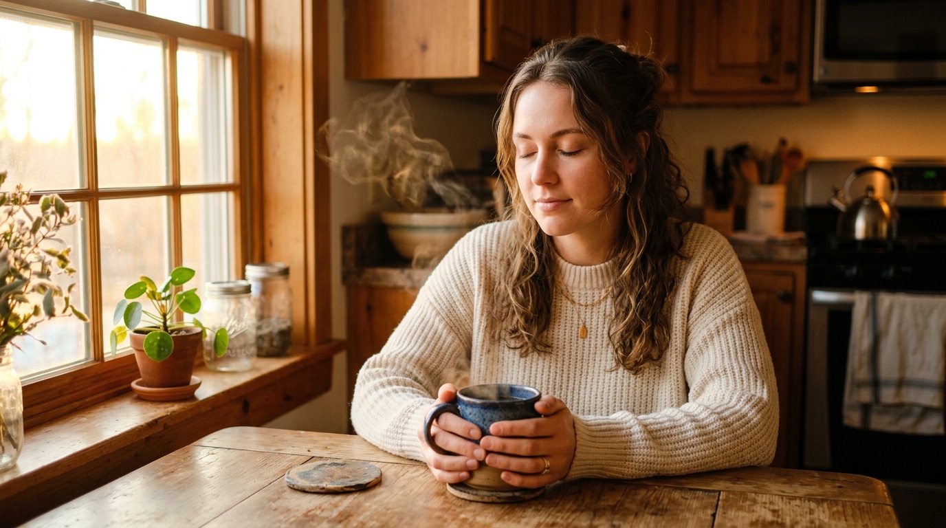 Person building a daily mindfulness habit routine while making morning coffee