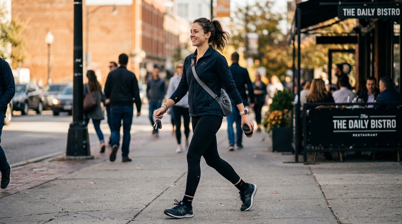 young adult taking a brisk lunchtime walk to build a daily movement habit