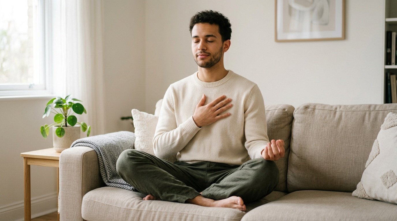 Young man practicing deep breathing as one of several stress management activities while sitting calmly