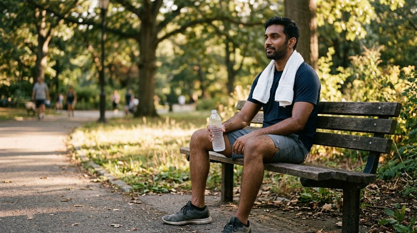 Tired runner sitting on a park bench with a towel and a bottle of electrolyte water after a hot workout