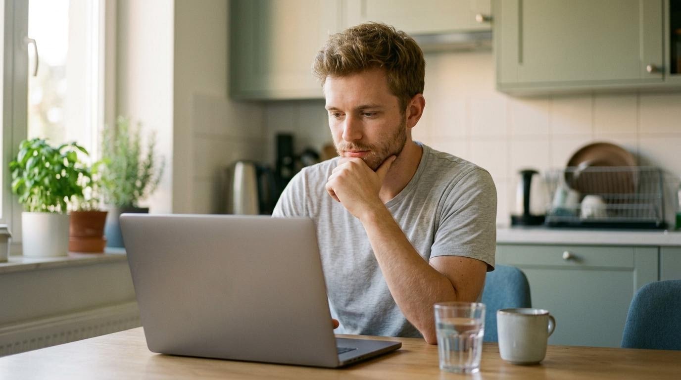 White American man reading about depression questions on a laptop at a kitchen table