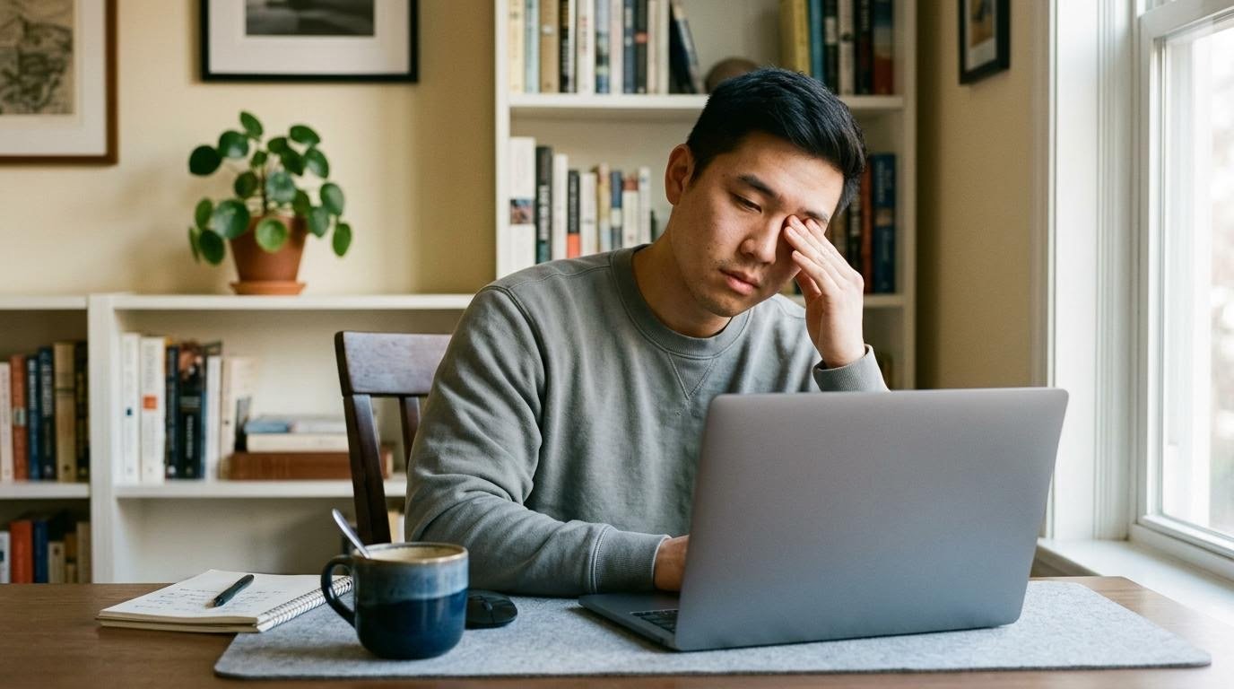 Young East Asian man sitting at a desk looking tired, comparing depression with stress and burnout